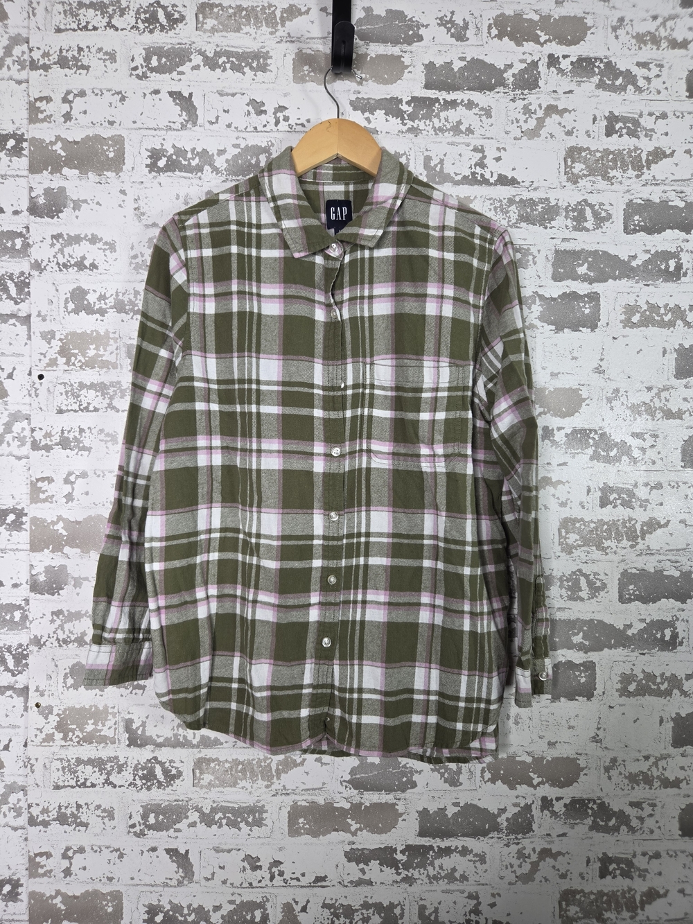 GAP Womens Boyfriend Flannel Shirt M Plaid Olive Green